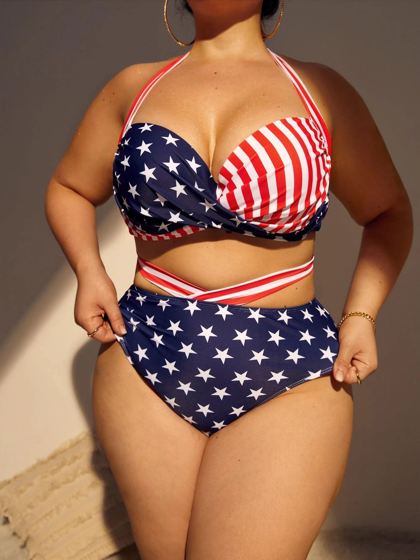Plus Flag Print Cut-out Halter Push Up Bikini Swimsuit
   SKU: sf2203172112244407      
         ... | SHEIN