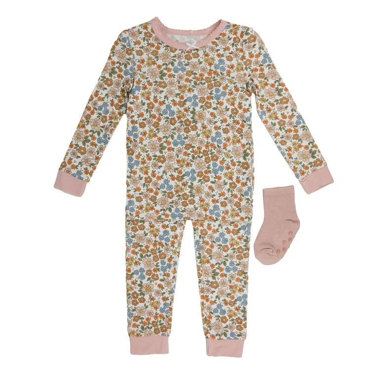Milkberry Soft Bamboo Pajamas Toddler Pajama Set for Girls w/ Matching Socks in Pink Flower Art P... | Walmart (US)