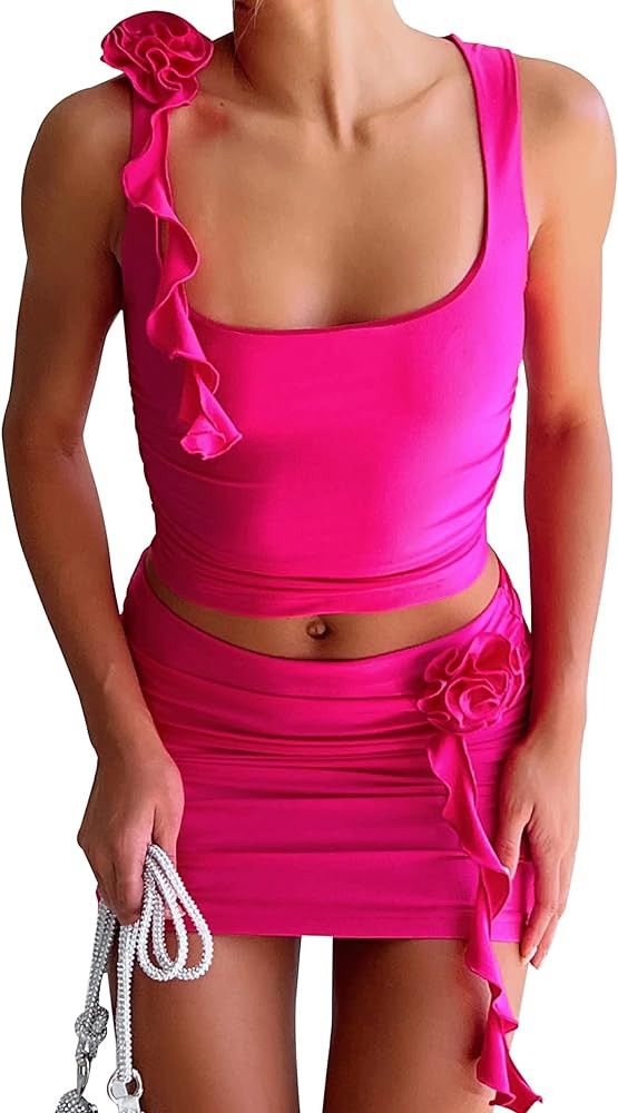 Meladyan Women's 2 Piece Outfits Rosette Flower Crop Tank Top And Bodycon High Waist Mini Skirt S... | Amazon (US)