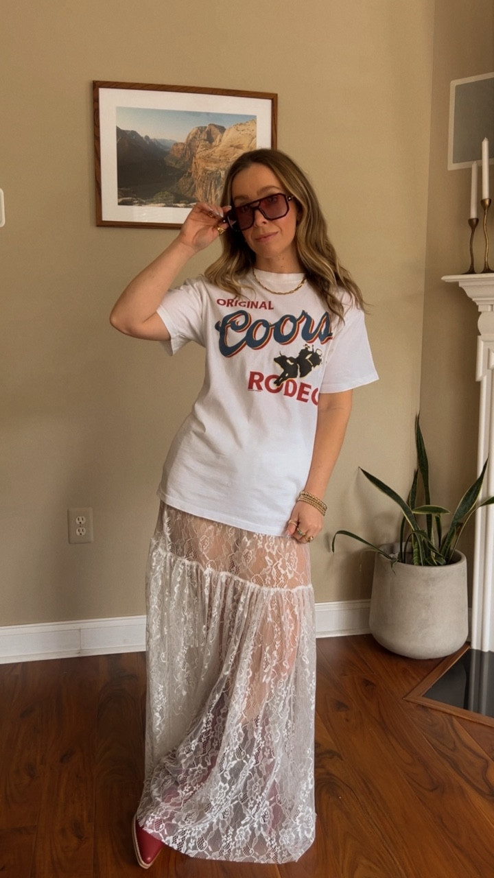 Easy lace skirt summer outfit idea 🤍🍓

#summerfashion #ootd #easyoutfit #simpleoutfit #summeroutfit #petitefashion 
Lace skirt outfit, western style, cowgirl boots outfit, Amazon fashion