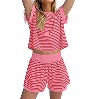 MISSACTIVER 2 Piece Lounge Set Women Stripe Knit Short Sleeve Tee Shirts Shorts Casual Summer Lou... | Amazon (US)