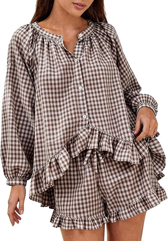 COZYPOIN Womens 2 Piece Gingham Pajama Set Y2K Plaid Cotton Long Sleeve Button Down Shirt and Ruf... | Amazon (US)