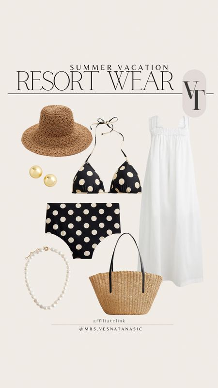 Resort wear outfit idea for your next vacation! 

White dress, swimsuit, straw bag, bag, beach bag, necklace, earrings, hat, straw hat, beach outfit, summer outfit, dress, vacation outfit, 

#LTKSwim #LTKMidsize #LTKItBag