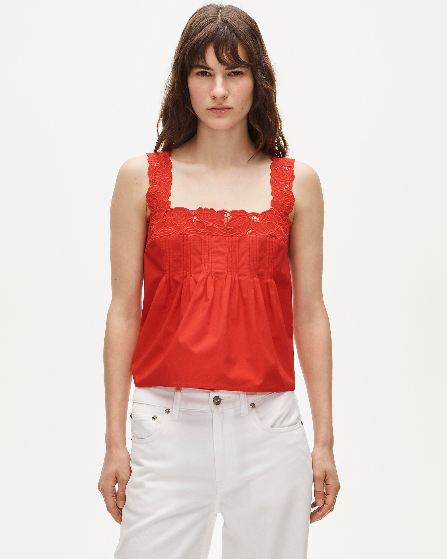 Lace-trim tank top in compact poplin | J. Crew US