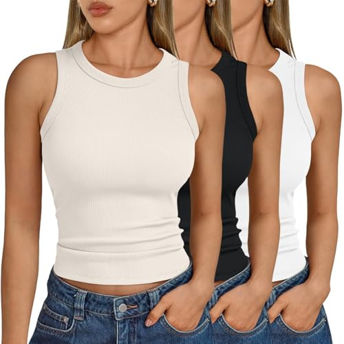 SUNBS 3 Pack Womens Tank Summer Tops 2025 Sleeveless Racerback Ribbed Workout High Neck Basic Trendy Going Out Beach Fashion Outfits Clothes BlackWhiteBeige M | Amazon (US)