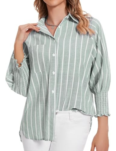 MFAVIP Women’s Button Down Shirt V Neck Women Striped Tops Casual Women Blouses Puff 3/4 Sleeves Shirts Green | Amazon (US)
