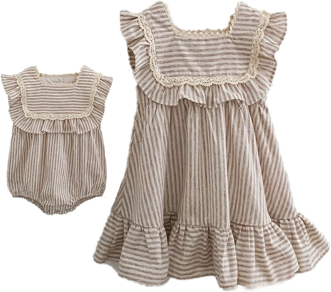 Ashmyova Toddler Girls Linen Summer Casual Dress Kids Vintage Ruffles Stripe Baby Rompers Dresses | Amazon (US)