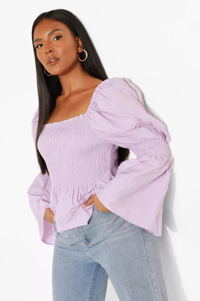 Plus Cotton Shirred Puff Sleeve Peplum Top | Boohoo.com (US & CA)