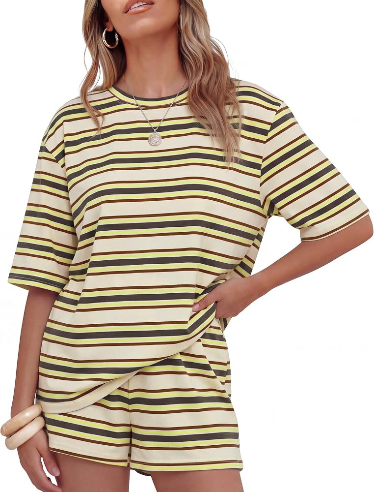 ZESICA Womens Summer 2 Piece Stripe Short Sets Lounge Workout Beach Outfits | Amazon (US)