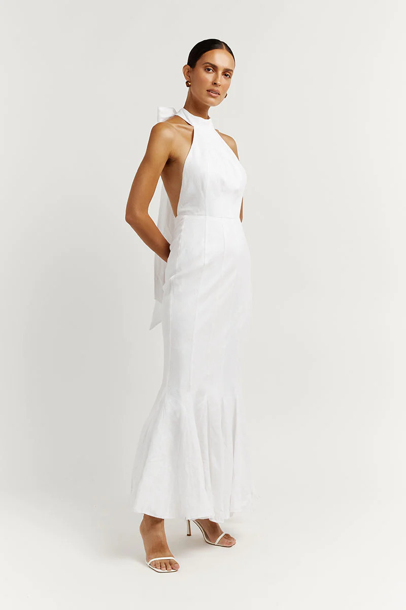 AISLE WHITE LINEN HIGH NECK DRESS | DISSH