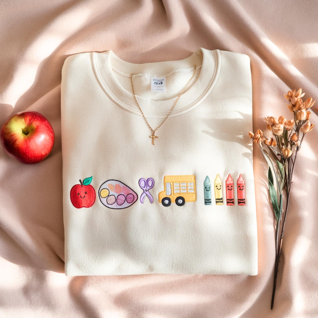 Embroidered Teacher Life Crewneck Sweatshirt, Cute Teacher Icons | Etsy (US)