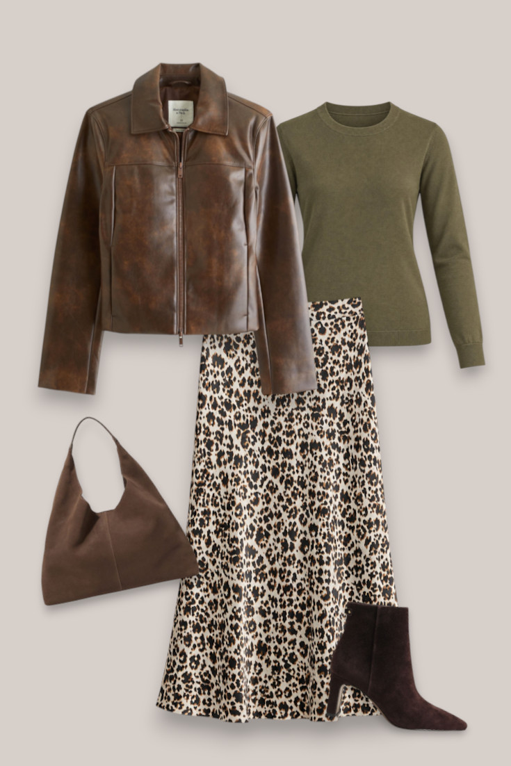 Leopard print for fall/winter 🤎 Love this mix of a satin midi skirt, olive knit and brown leather jacket. The chocolate accessories pull everything together and make the print surprisingly easy to wear. Shop the outfit below. 

 #LTKautumn #LTKdatenight #LTKstyletip