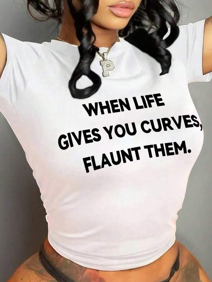 SHEIN Slayr Plus Size Short-Sleeved T-Shirt With Logo Graphic, WHEN LIFE GIVES YOU CURVES, FLAUNT... | SHEIN
