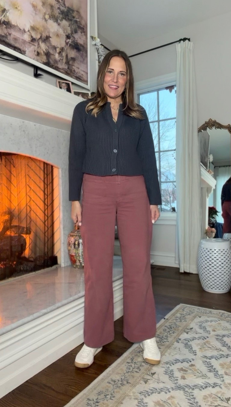 Sharing a simple everyday outfit! We love these Evereve pants that come in this gorgeous mauve color. I paired the pants with a navy cardigan, pair of sneakers, and simple necklace! Perfect for running errands or grabbing lunch with friends!

#LTKOver40 #LTKSeasonal #LTKMidsize