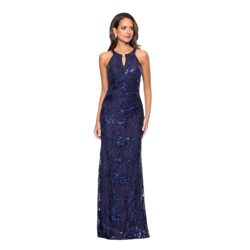 Betsy & Adam Women's Sleeveless Sequin Lace Keyhole Halter Evening Gown, Navy | Amazon (US)