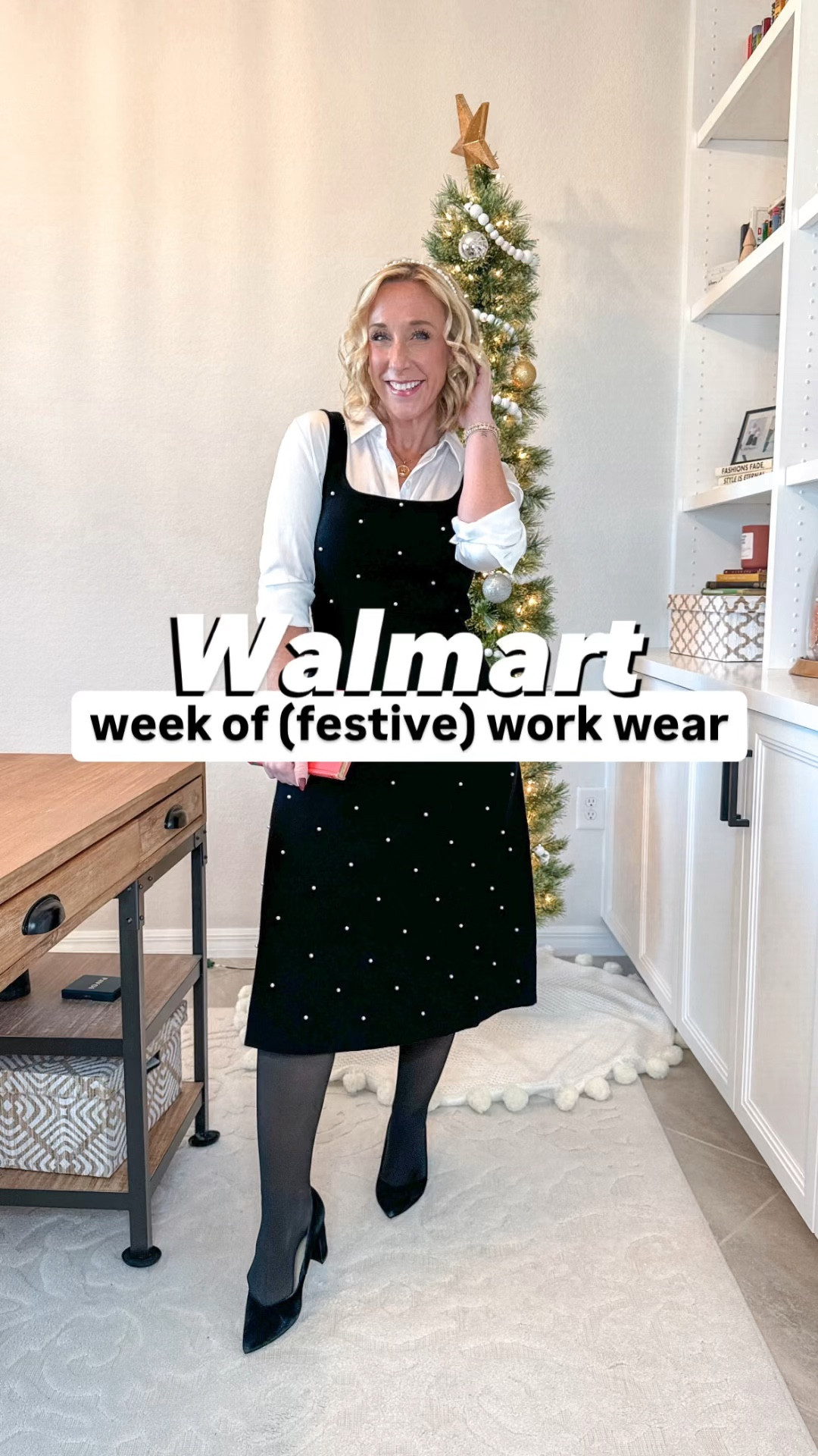 Walmart week of (festive) work wear:
MONDAY: plaid Midi dress - size XS. $36 (also linking other styles in this plaid!)
TUESDAY: pearl embellished sweater dress - size XS. $32 // satin button down - size small. 
WEDNESDAY: striped cable knit sweater - size XS. $17.98 // green jeans - size 0 (needs a 2).
THURSDAY: plaid swing dress - size XS (could have done a small). $19.98 // coatigan - size small. 
FRIDAY: red tree sweatshirt - size medium. $10!! // jeans - size 25, short  
* also added my fleece lined tights!
** and my pajamas from the beginning (size small).

#LTKWatchNow #LTKWorkwear #LTKHoliday