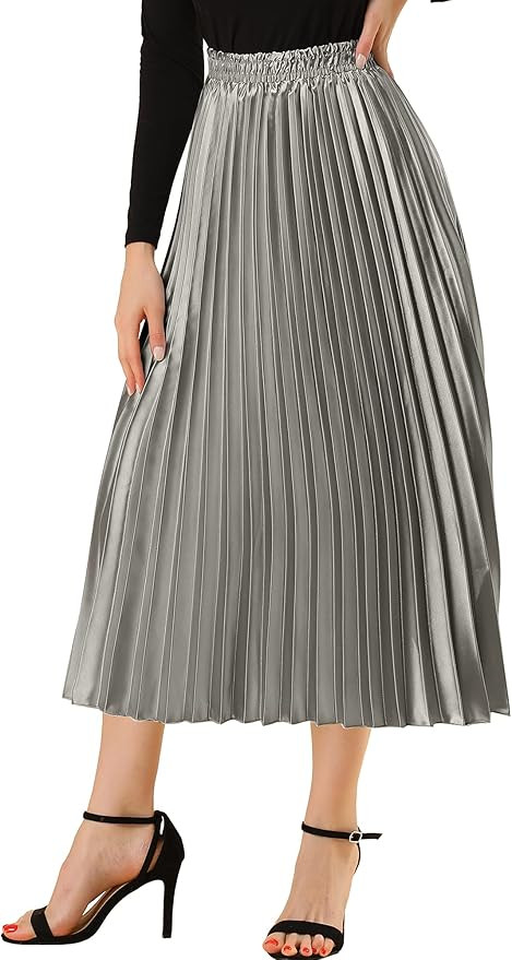 Allegra K Women Pleated Skirt Midi Length Elastic High Waisted A Line Swing Flare Metallic Shirri... | Amazon (US)
