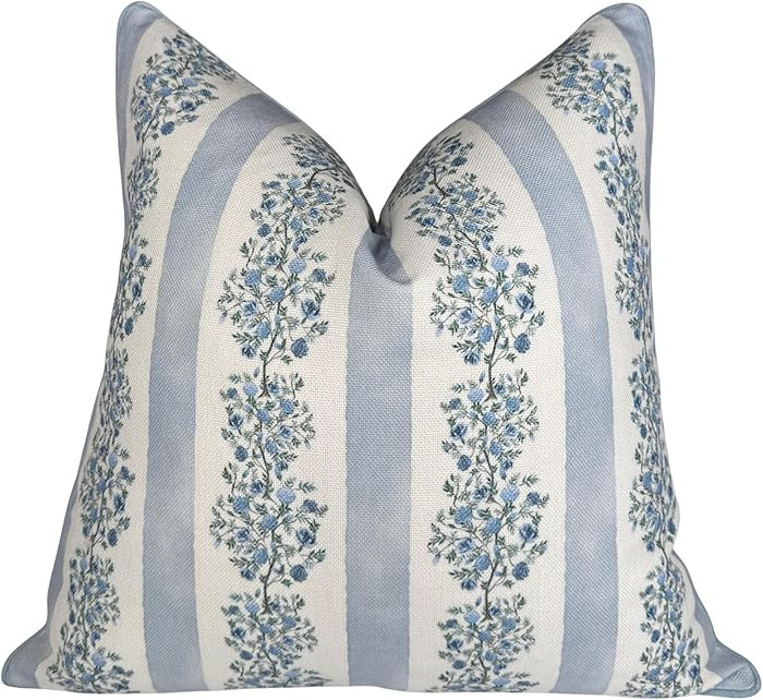 “The Juliet” Floral Block Print Pillow Cover – Soft Blue and Off-White Decorative Throw Pil... | Amazon (US)