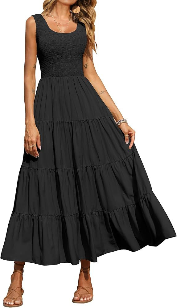 PRETTYGARDEN Womens Smocked Sleeveless Tiered Long Dresses | Amazon (US)