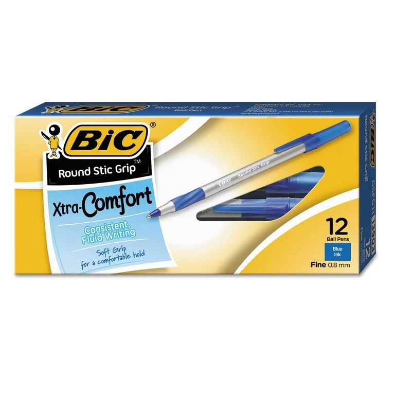 BIC Round Stic Grip Xtra Comfort Ball-Point Pen, Fine Point (0.8 mm), Blue, 12-Count | Walmart (US)