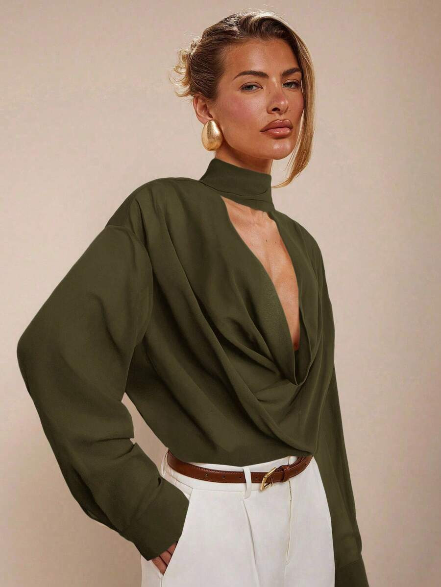 COSMINA Women's Elegant Chic Simple Solid Color Open Collar Dropped Shoulder Loose Blouse, Spring... | SHEIN