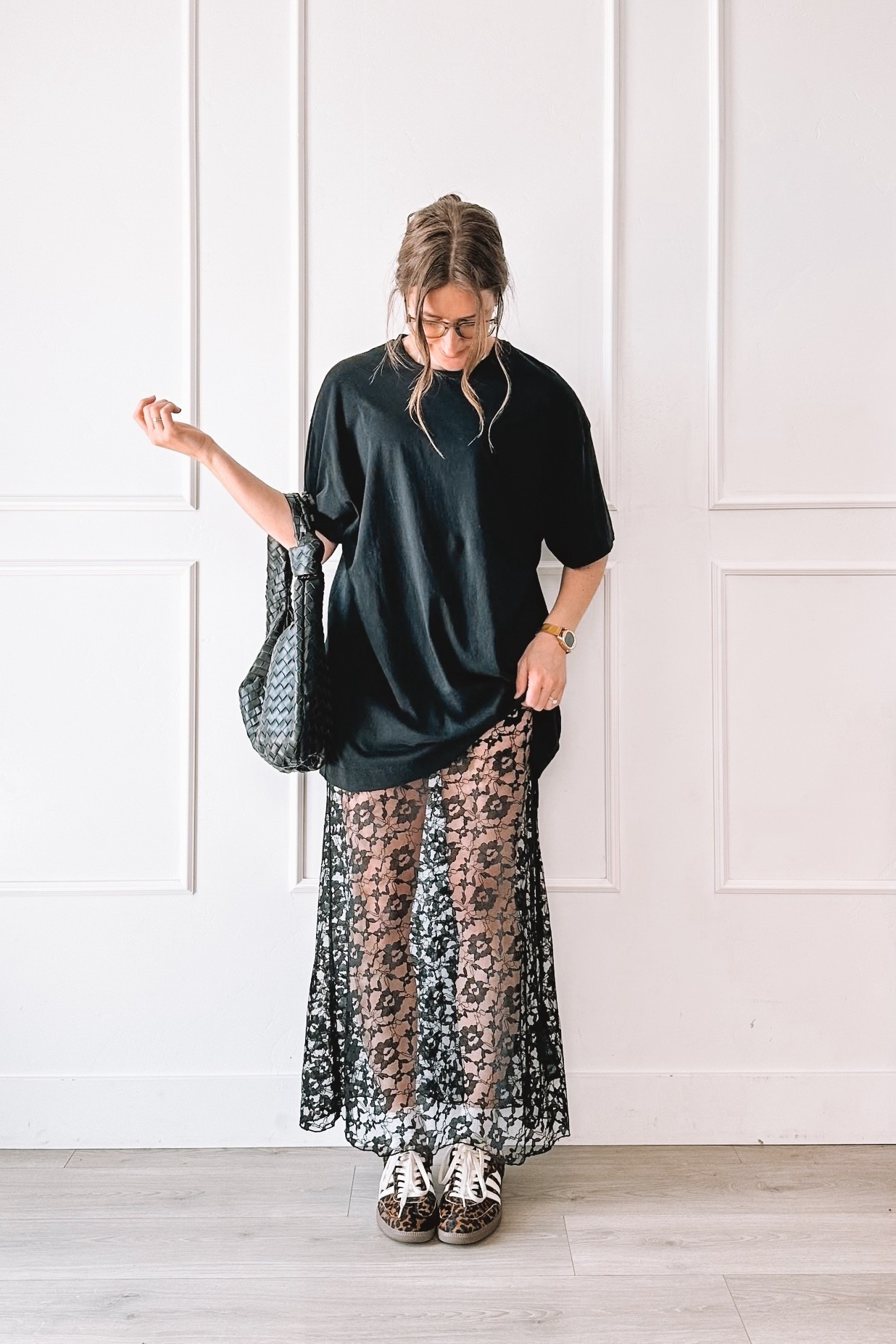 Black lace skirt styled for everyday with an oversized tee, leopard sneakers, Amazon woven bag, and layered jewelry. Casual feminine mom outfit idea.

Top and skirt: small

#LTKgrwm #LTKootd #LTKmomlife