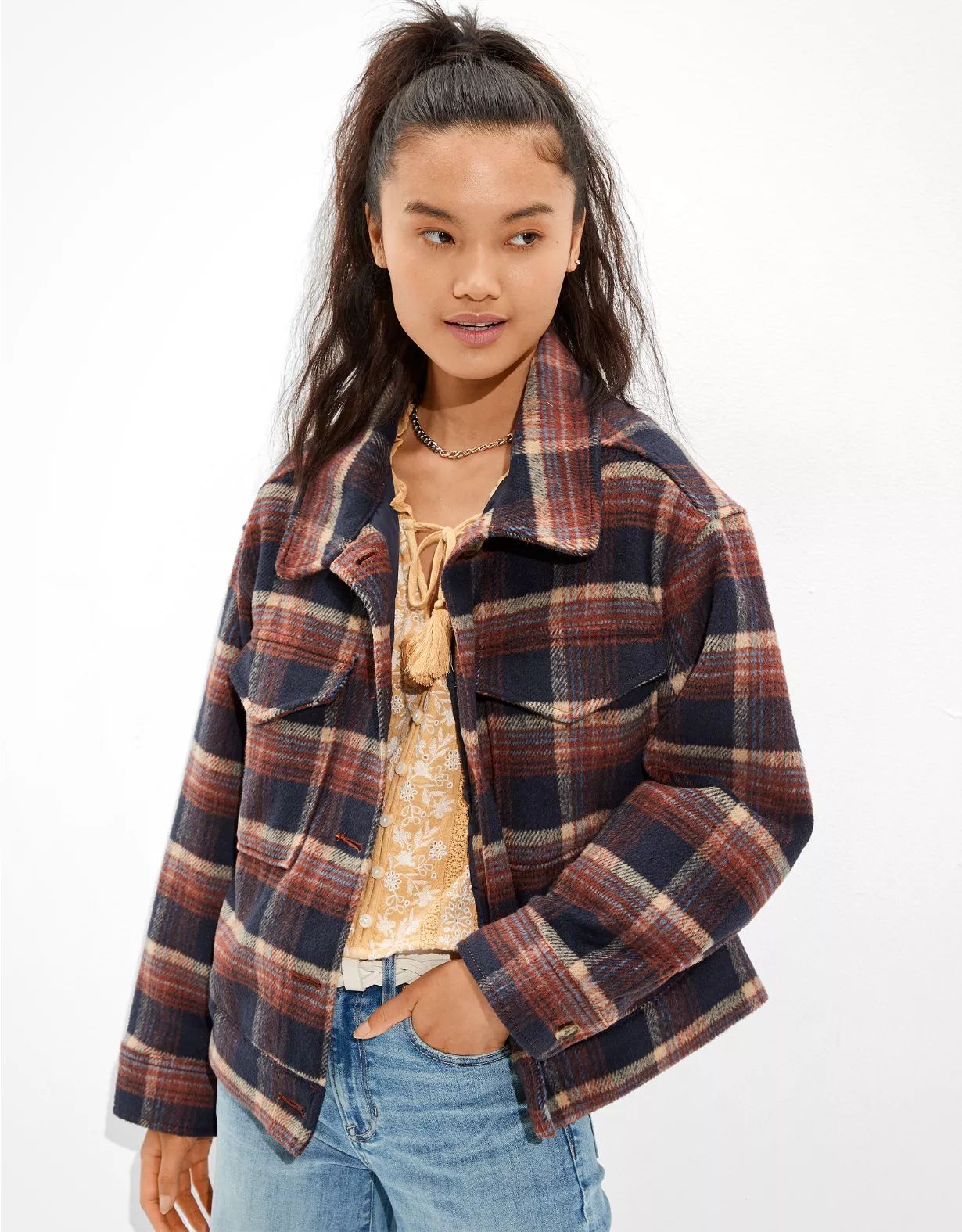 AE Plaid Cropped Shacket | American Eagle Outfitters (US & CA)