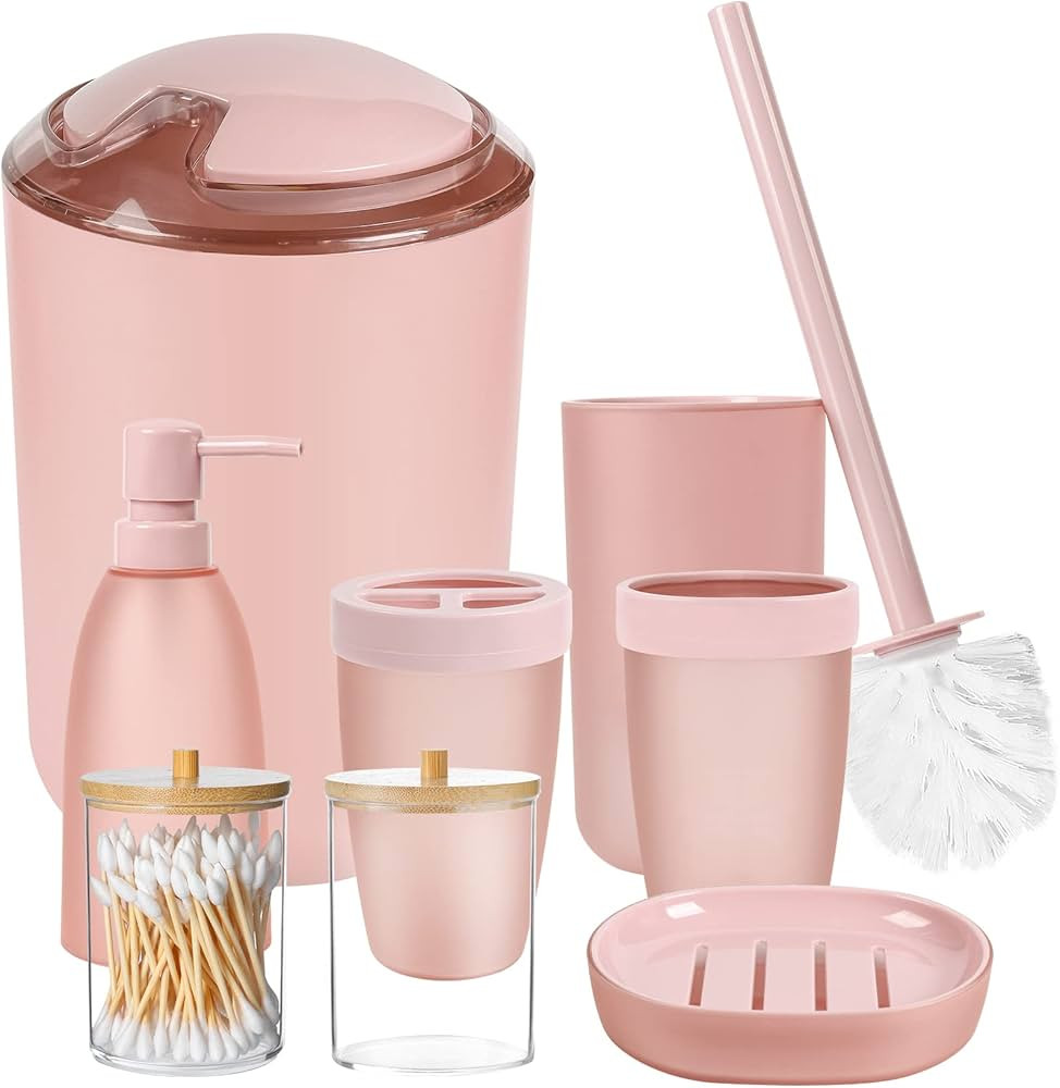iMucci 8PCS Pink Bathroom Accessories Set - with Trash Can,Toilet Brush,Toothbrush Holder, Lotion... | Amazon (US)