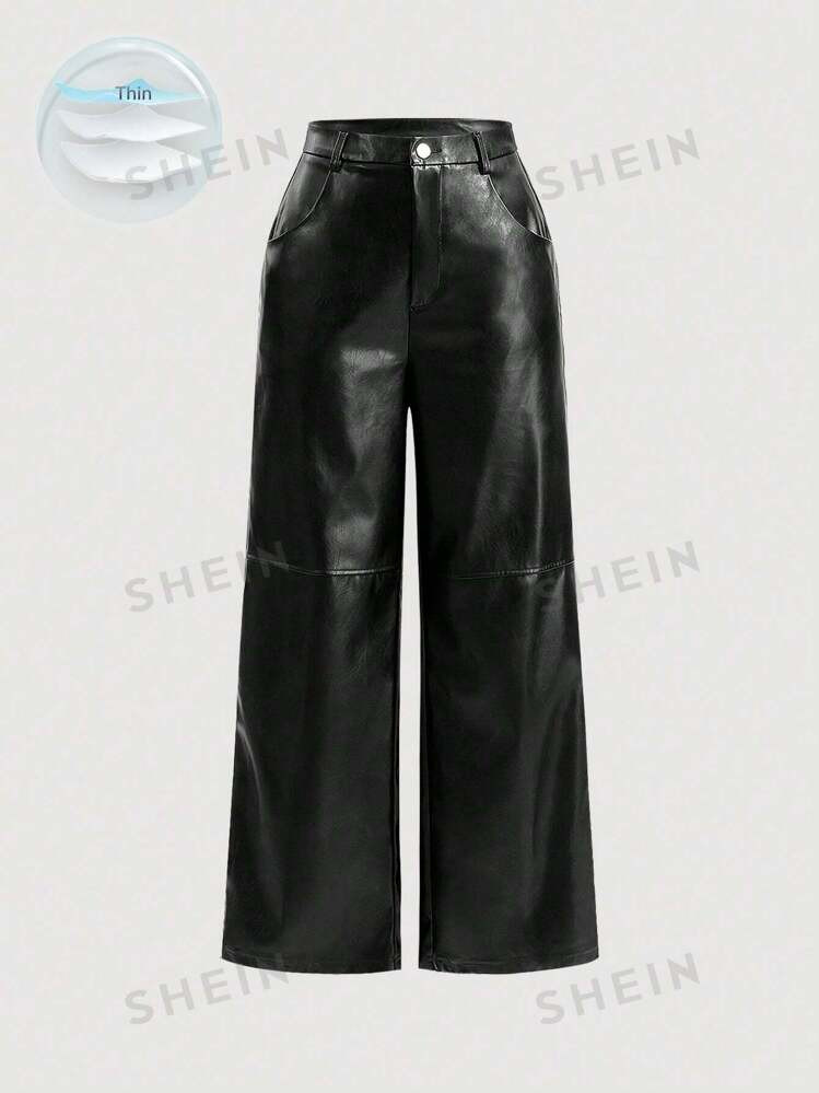 SHEIN MOD Black Date Night Solid PU Leather Straight Leg Pants | SHEIN USA | SHEIN