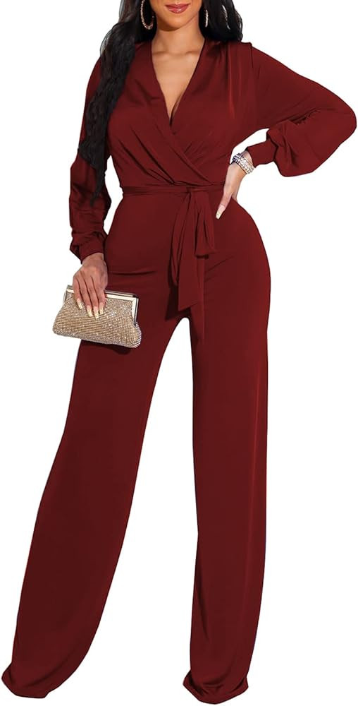 shengfan Formal Jumpsuits for Women Dressy Evening Sexy Deep V Neck Plus Size Long Wide Leg Pants... | Amazon (US)