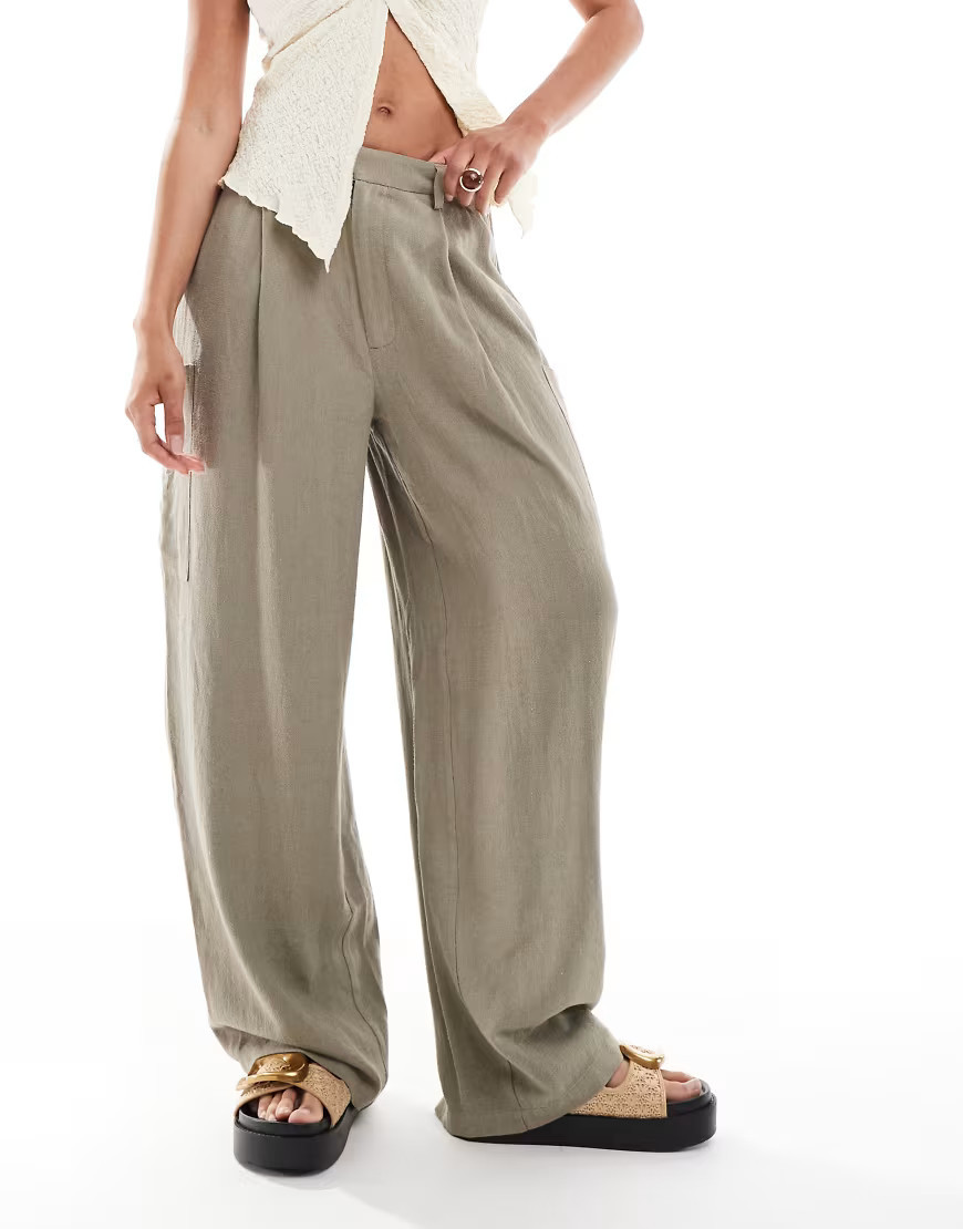 ASOS DESIGN linen blend barrel leg utility pants in olive-Green | ASOS (Global)