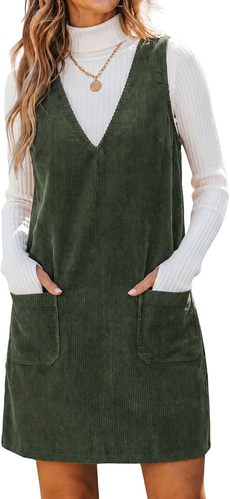 Hooever Women Corduroy Overall Dress V Neck Pinafore Mini Dress | Amazon (US)