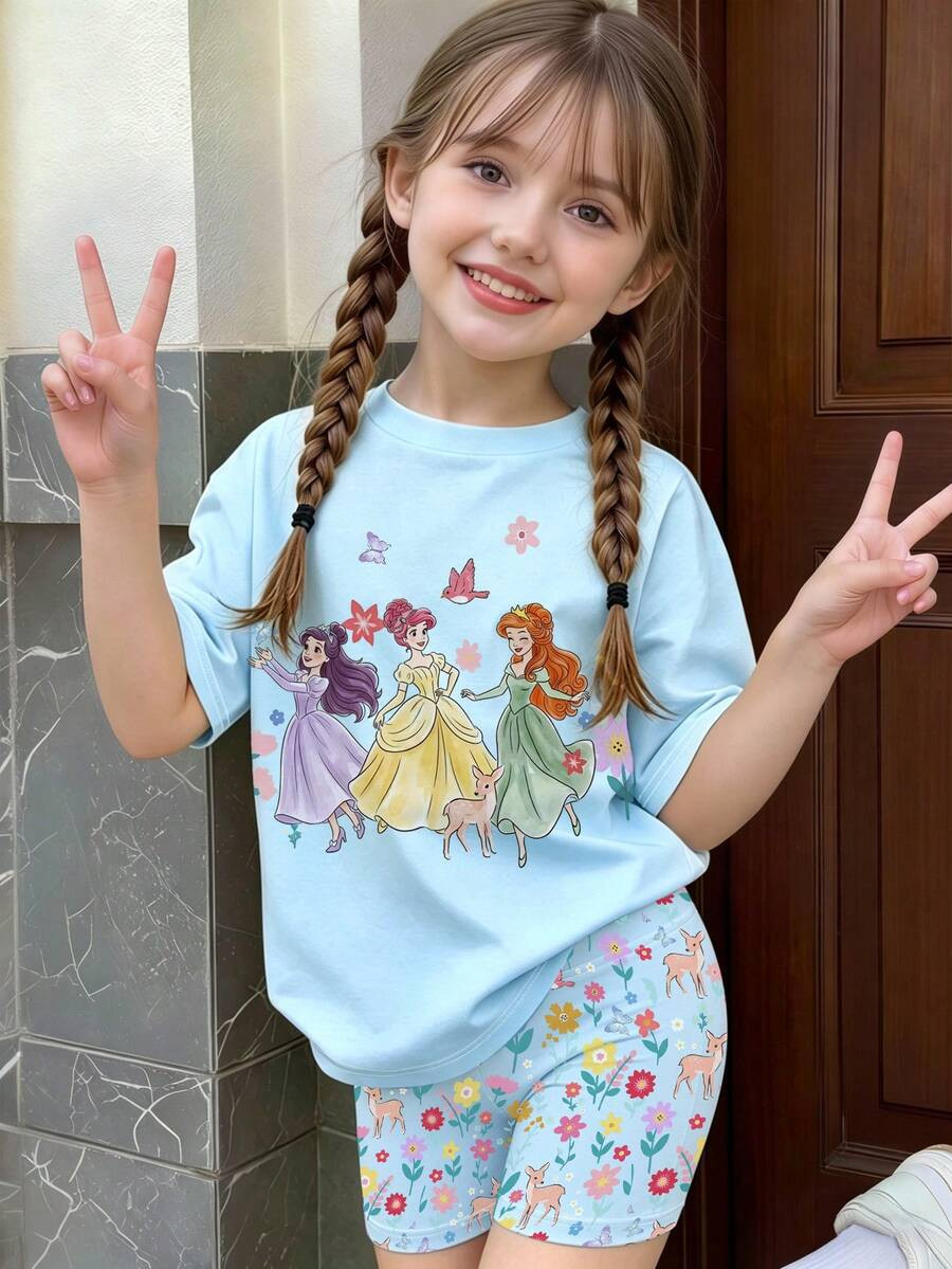 1 Set Young Girls' Casual Sweet Blue Short Sleeve Outfit,Summer,Family Matching Dreamy Princess P... | SHEIN