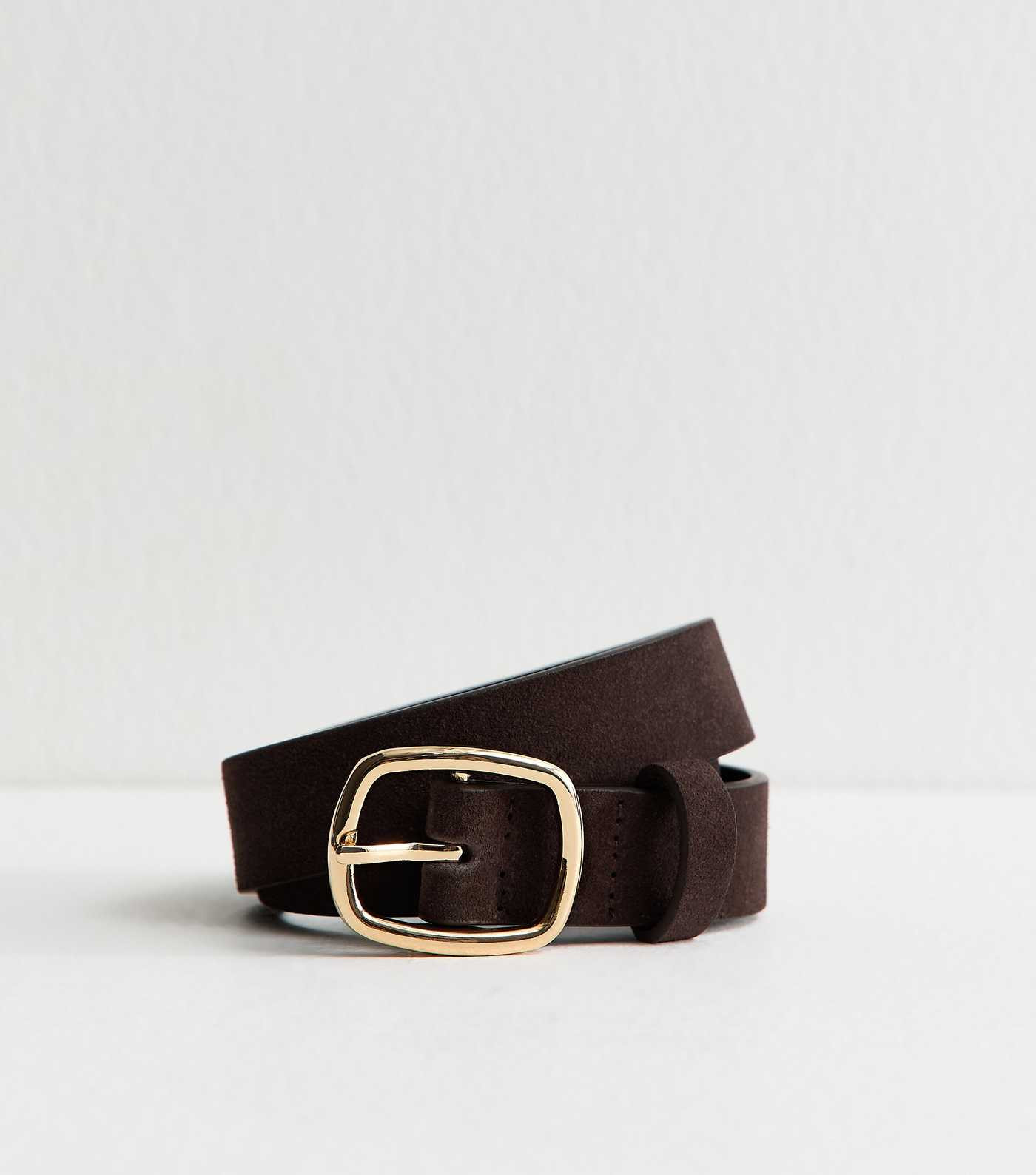 Dark Brown Real Suede Rectangle Buckle Belt | New Look | New Look (UK)