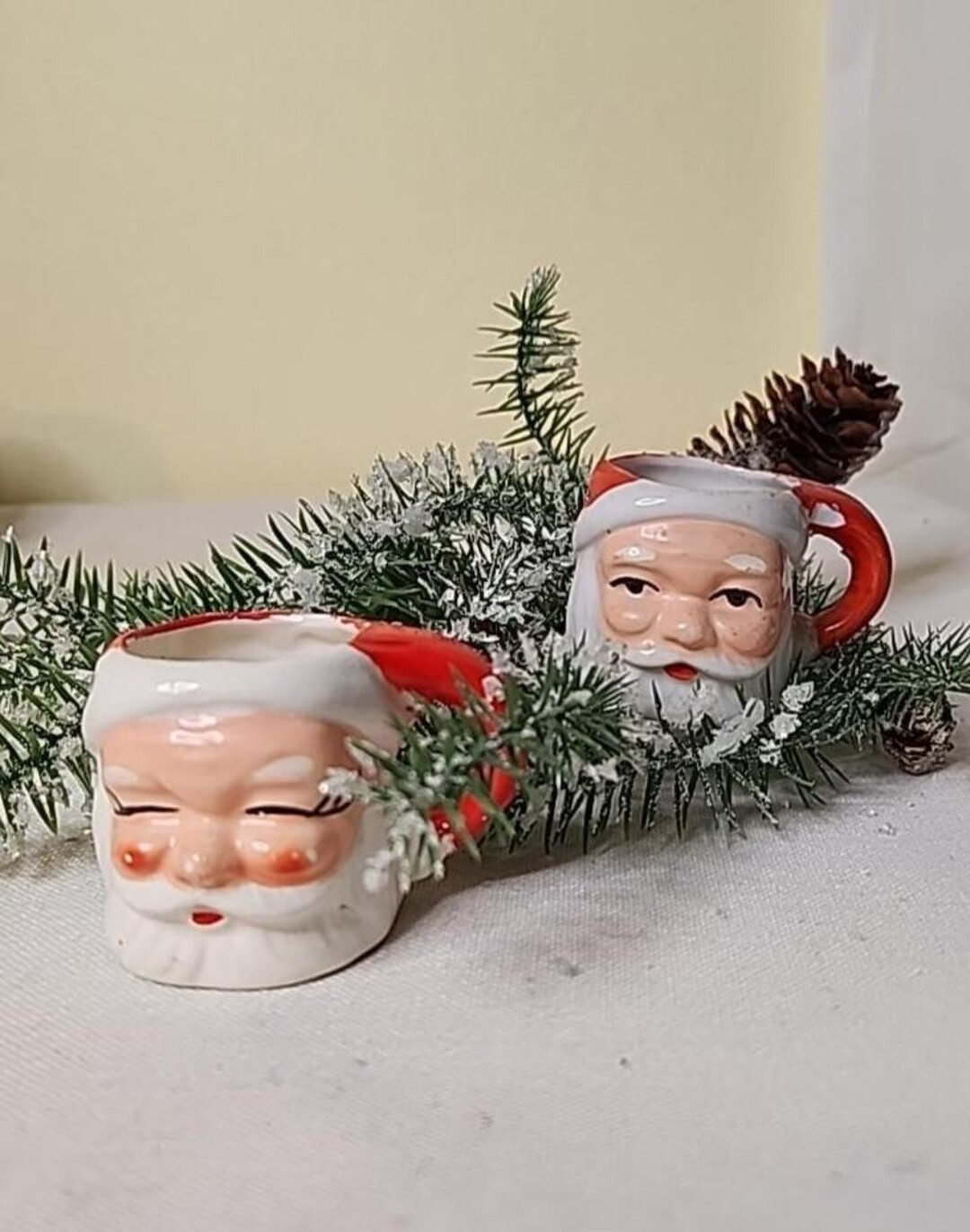 Miniature Santa Claus Ceramic Mugs Pair (2) Eyes Closed; Eyes Open (chipped) | Etsy (US)