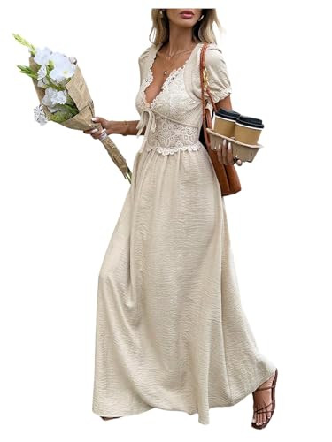 SHENHE Women's Lace Deep V Neck Puff Short Sleeve Tie Bow Backless A Line Flowy Maxi Dress | Amazon (US)