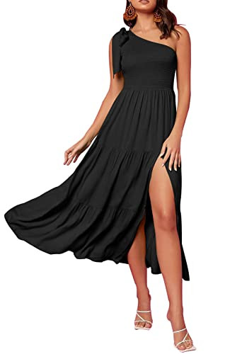 MEROKEETY Women's Summer One Shoulder Sleeveless Knot Smocked Midi Dress Split Tiered Flowy Dresses, Black, L | Amazon (US)