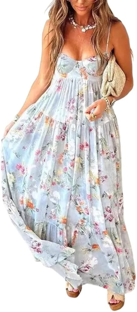 Women Sexy Casual Vacation Long Dress Bohemian Flower Print Spaghetti Strap Low Cut Backless | Amazon (US)