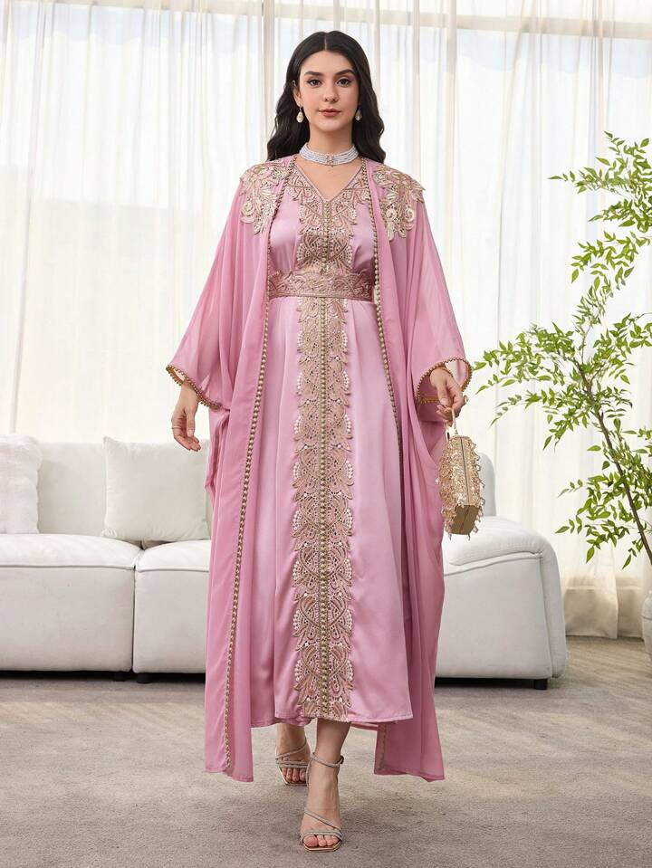 SHEIN Najma 2pcs Loose & Fancy Women's Dress Set With Embroidered Bead Trim, Custom, Modest Kaftan | SHEIN