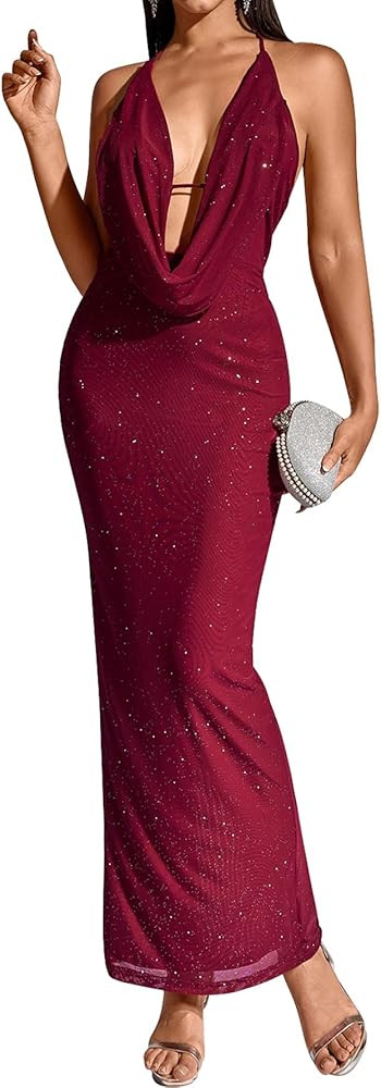 KUTUMAI Women Sexy Sequin Bodycon Maxi Dress V Neck Split Back Formal Evening Cocktail Party Long... | Amazon (US)
