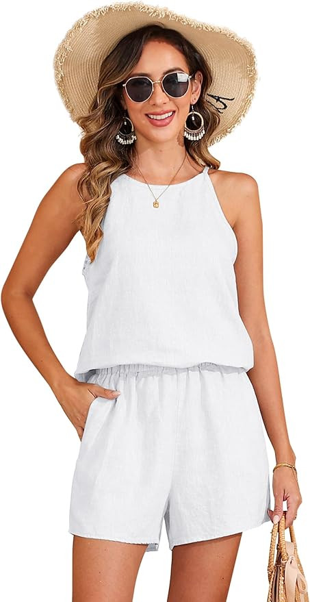 100% Linen Short Sets 2 Piece for Women Summer Sleeveless Halter Neck Top High Waist Shorts Trave... | Amazon (US)
