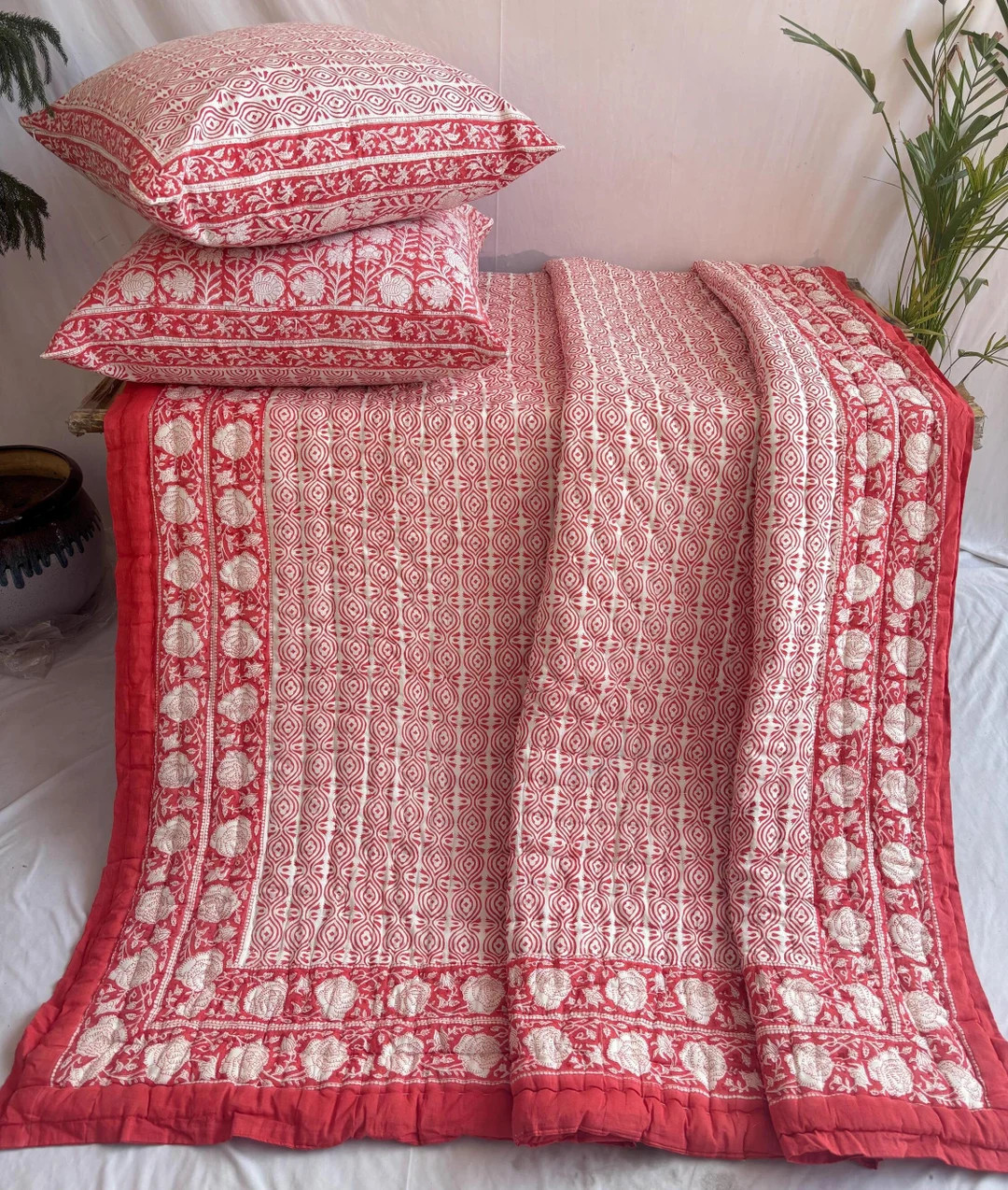 Indian Red Floral Cotton Quilt, Hand Block Printed Quilt, Light Weight Reversible Bedspread, Hand... | Etsy (US)