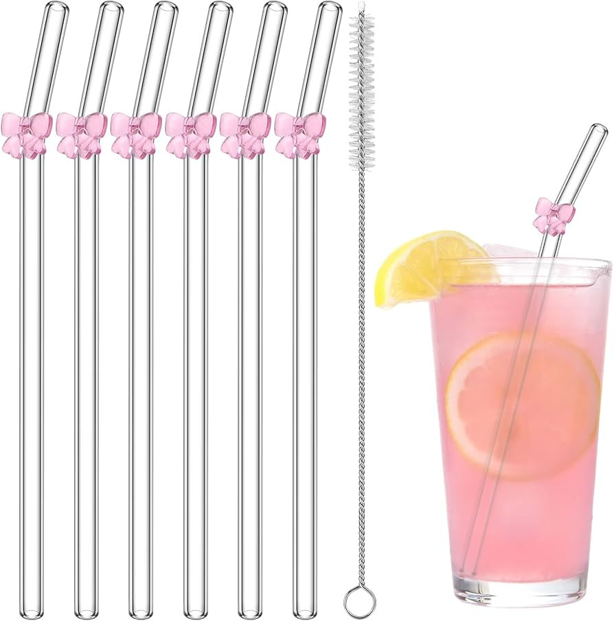 6 Pcs Reusable Glass Straws with 1 Cleaning Brushes Pink Bow Glass Straws Shatter Resistant Straw... | Amazon (US)