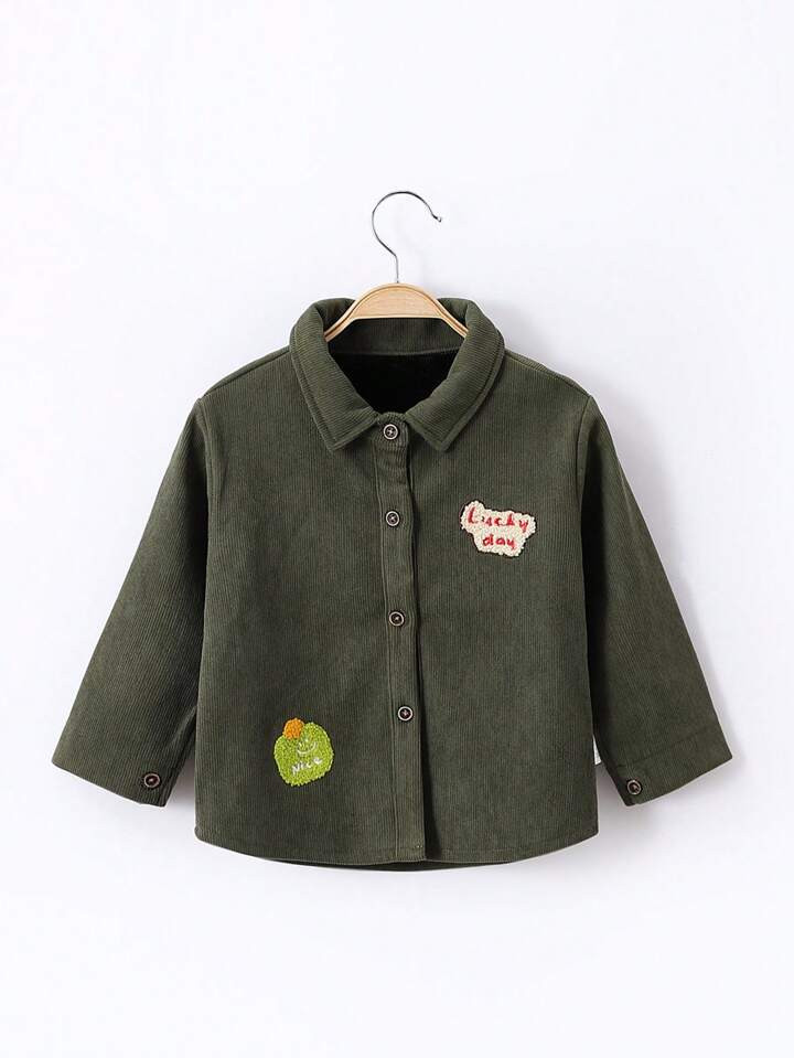 1pc Toddler Boys' Cartoon Embroidery Pattern Fleece Lined Corduroy Shirt For Autumn Winter | SHEIN