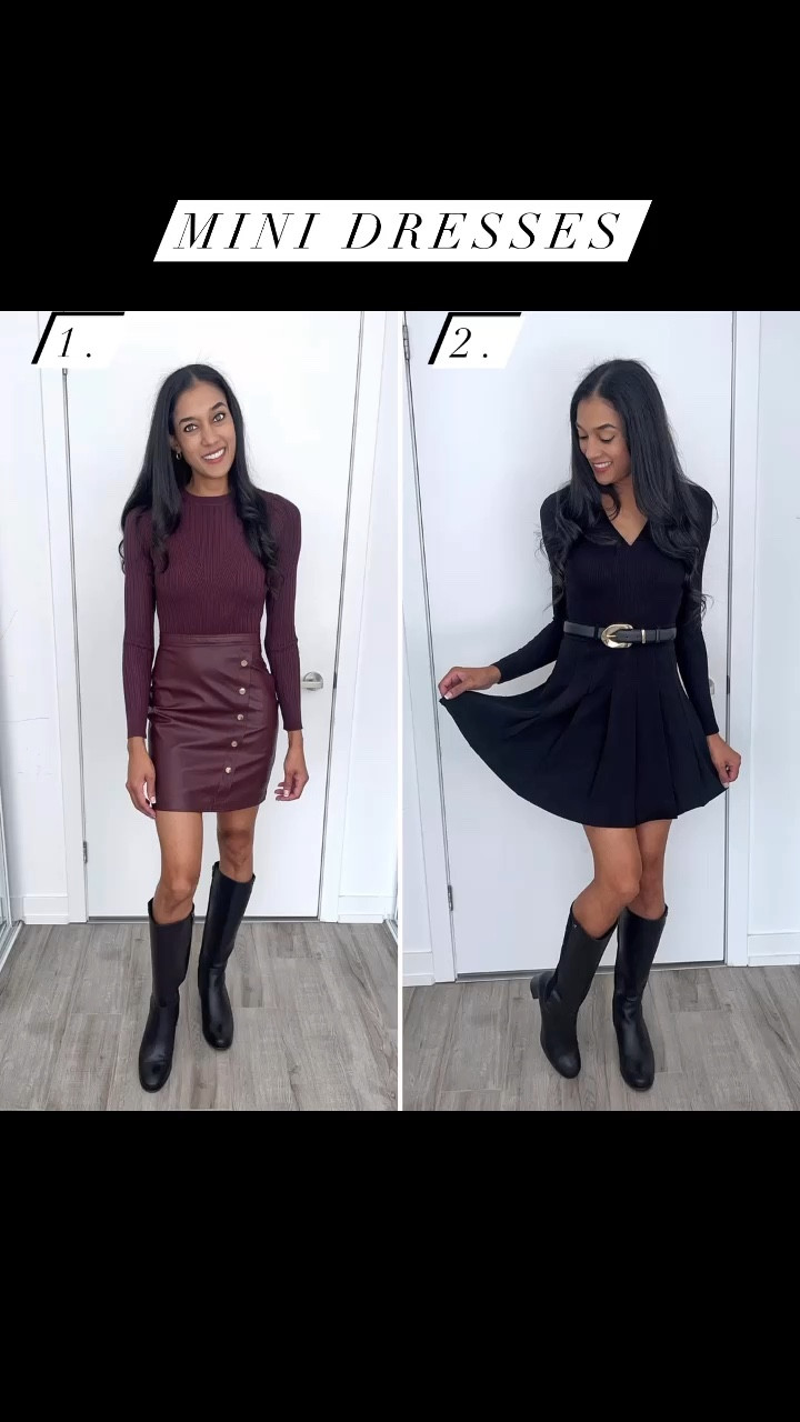 Mini dress, pleated dress, pleated mini dress, fall dress, fall fashion, boots, knee high boot, boot, fall boot, leather boot, Leather mini dress, leather skirt, leather dress, knit top, knit wear, vegan leather

#LTKShoeCrush #LTKStyleTip #LTKVideo
