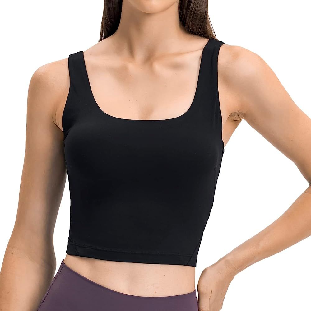 VOPFAN Women Square Neck Crop Tank Top Workout Fitness Longline Padded Medium Support Yoga Sports... | Amazon (US)