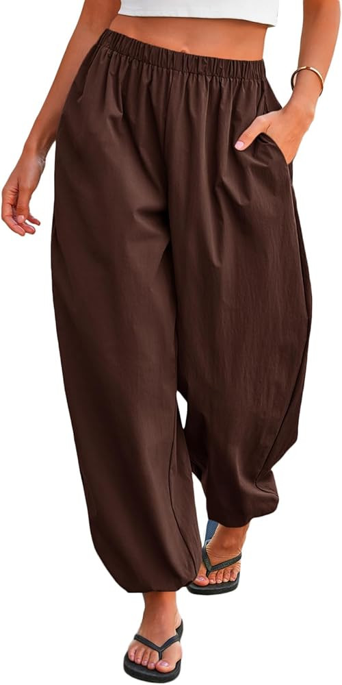 Tankaneo Womens Balloon Baggy Pants Trendy Casual Elastic Waist Wide Leg Harem Pants Pleated Lant... | Amazon (US)