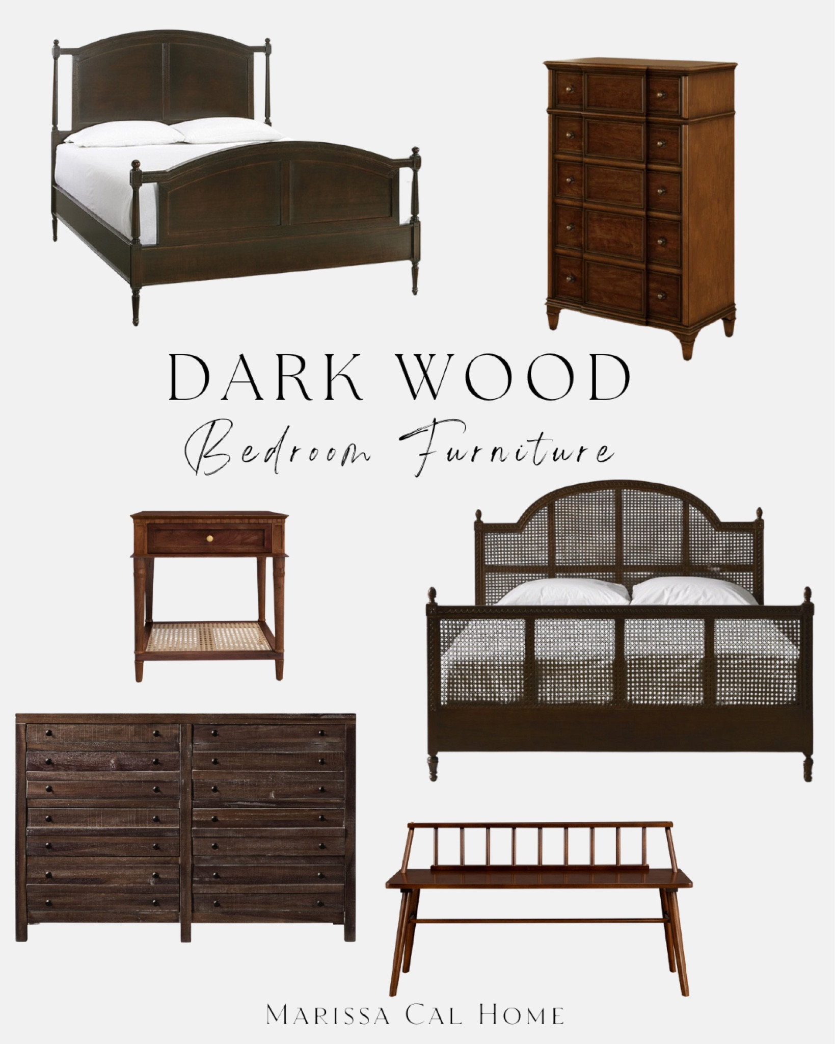 Dark wood bedroom furniture // vintage vibes // mix and match bedroom furniture series // timeless // traditional furniture // cane bed // dresser // nightstand // wood bench

#LTKhome