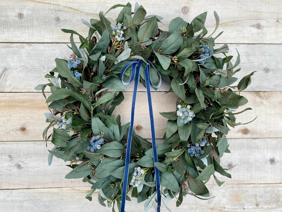 Olive Branch and Eucalyptus Wreath W/ Blue Bow, Farmhouse Wreath for Front Door, Spring and Summe... | Etsy (US)