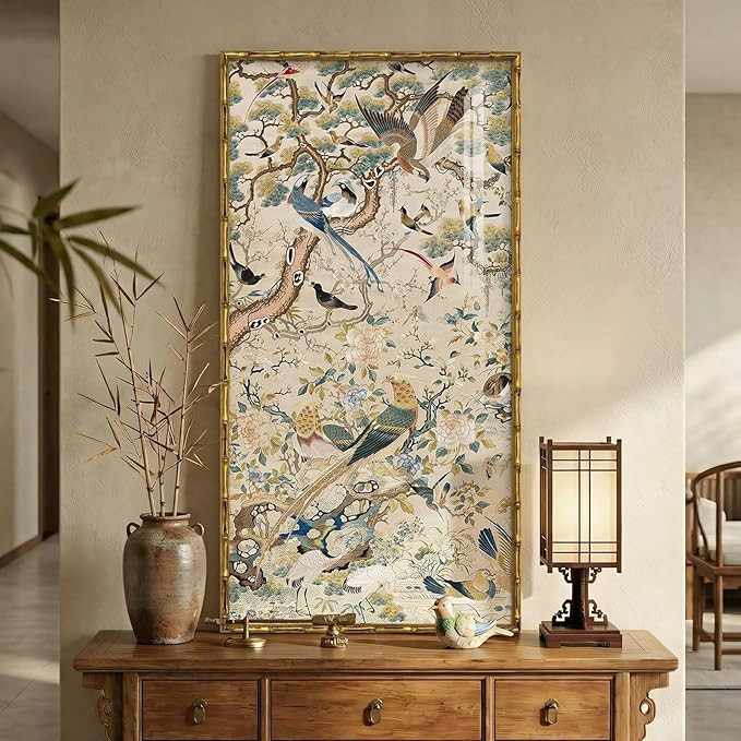 Vintage Gold Framed Chinoiserie Wall Art for Living Room, Vertical Retro Neutral Floral Bird Artw... | Amazon (US)